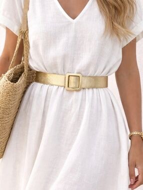 J.Crew Gold Leather Belt M/L Metallic Minimalist Square Buckle Quiet Luxury Chic